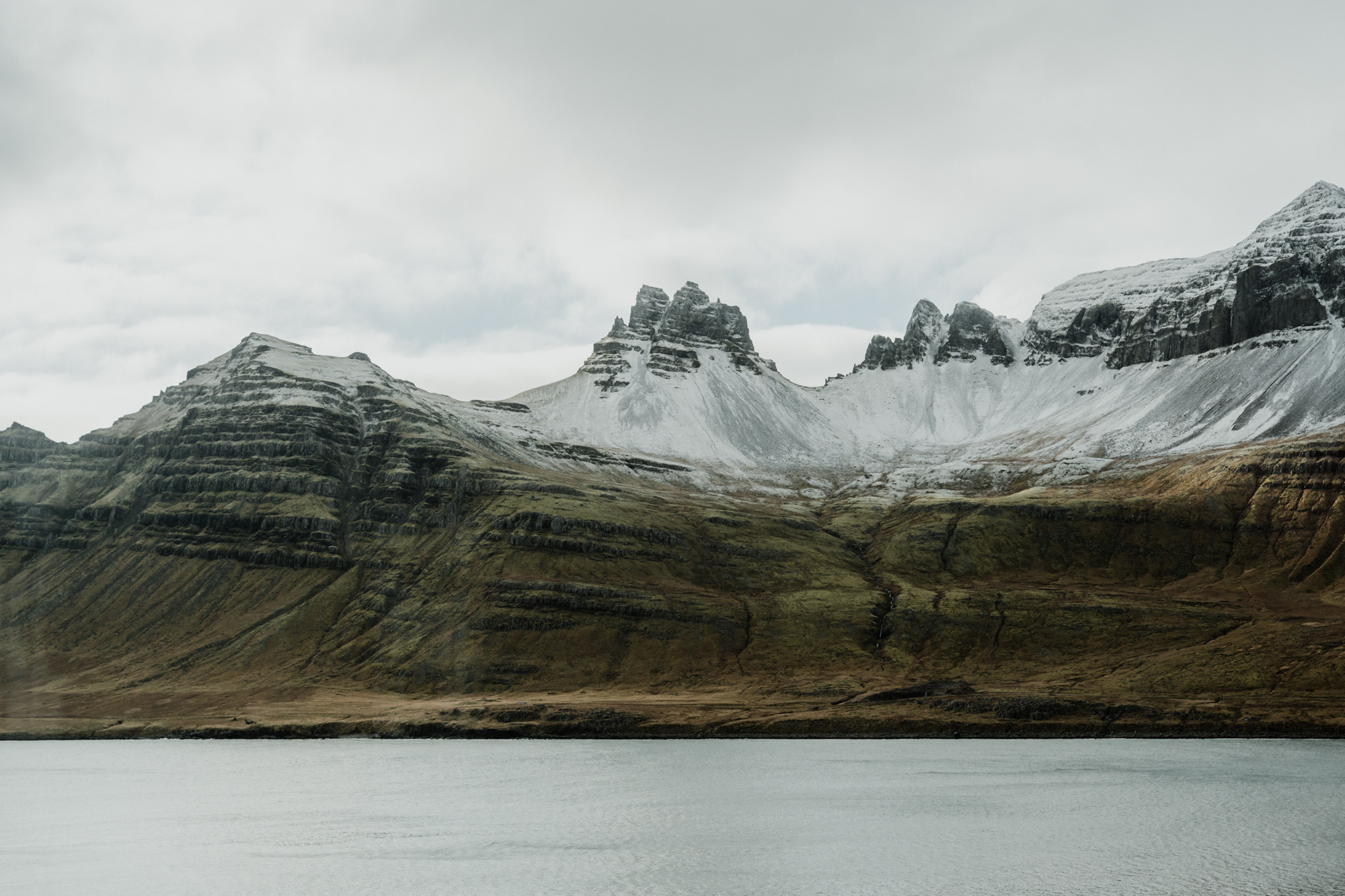 Snowy East Iceland mountains across the fjord